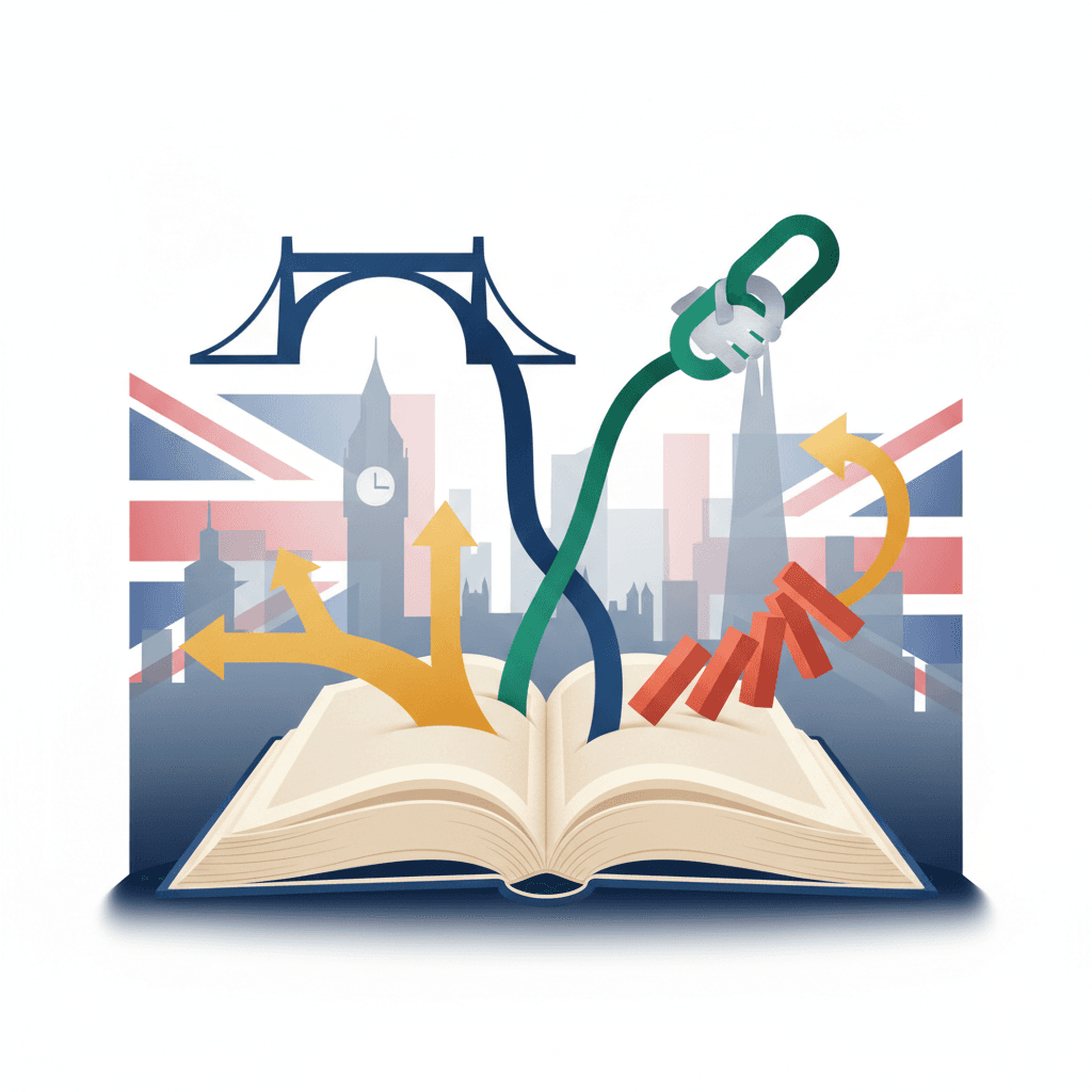 Livro aberto com páginas transformando-se em quatro conectores visuais (ponte, elo, bifurcação, seta) e silhuetas sutis de Londres, em estilo editorial.
