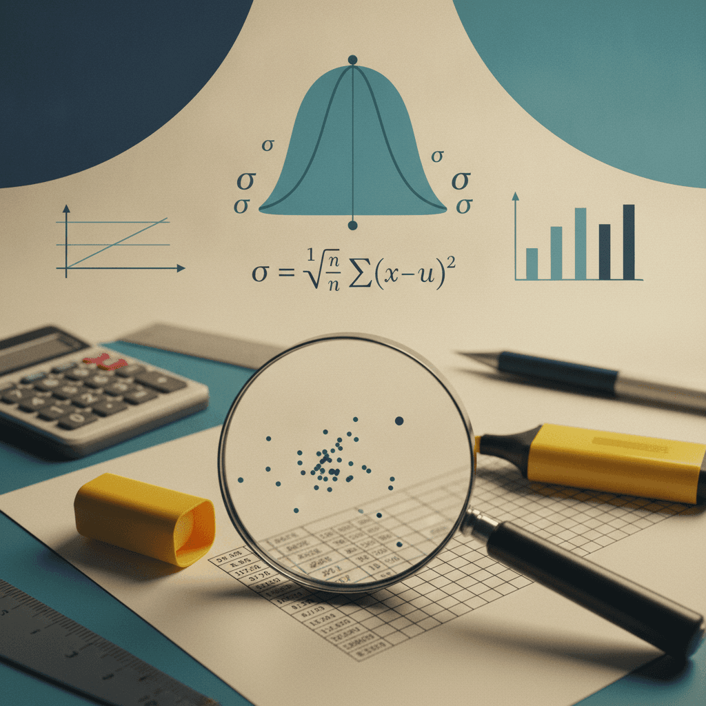 Lupa sobre gráfico de dispersão e curva normal com σ e fórmula, com tabela, calculadora e marcador, em estilo editorial.