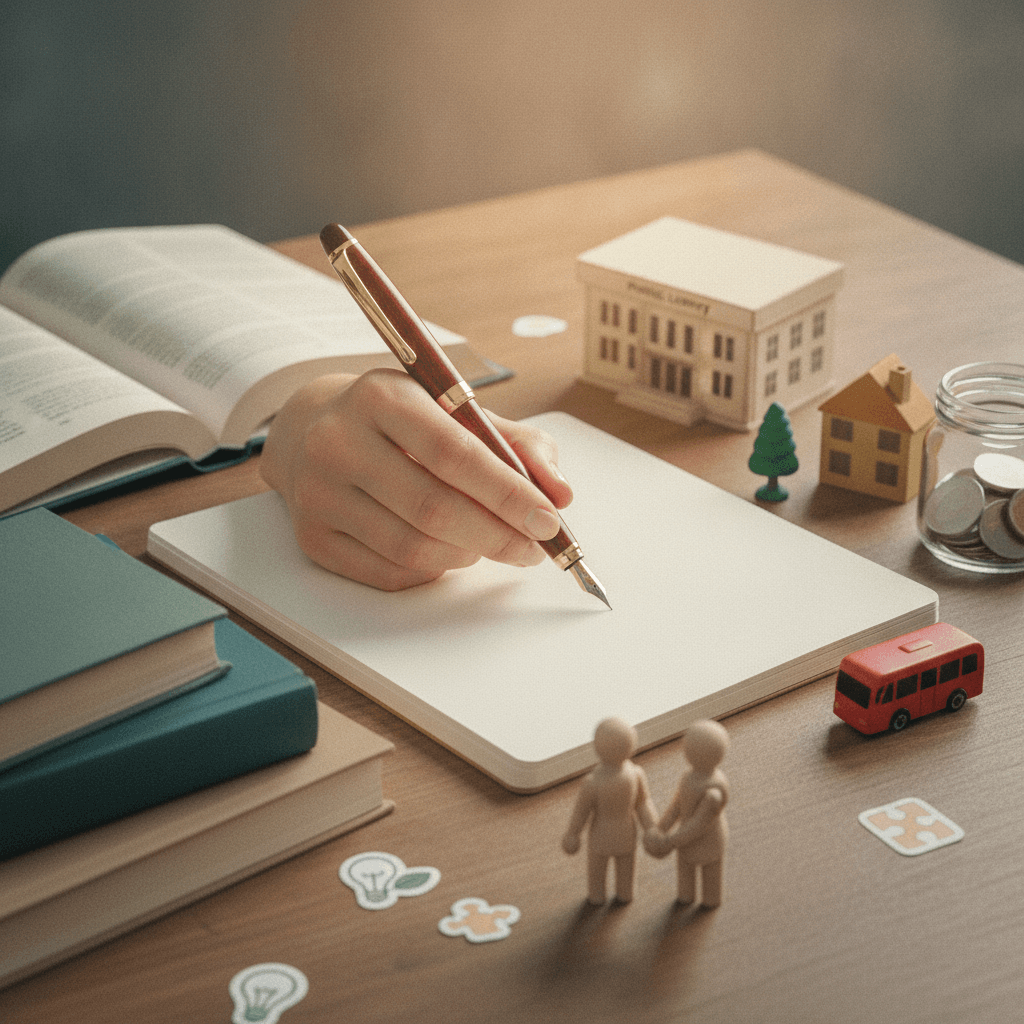 Mão escrevendo em caderno cercada por miniaturas e livros que simbolizam proposta de intervenção completa.