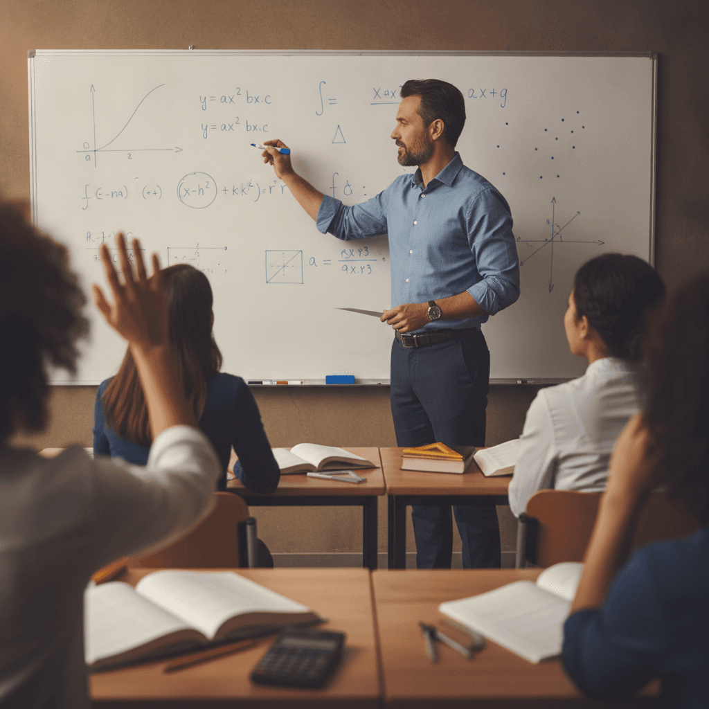 Professor(a) de Matemática escrevendo equações no quadro em sala de aula realista, com alunos observando.