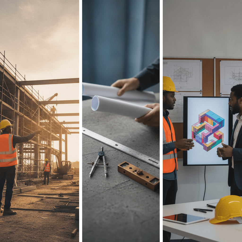 Tríptico editorial com engenheiros em canteiro, mãos segurando plantas e escritório com modelo 3D, mostrando rotina e ambientes da engenharia.