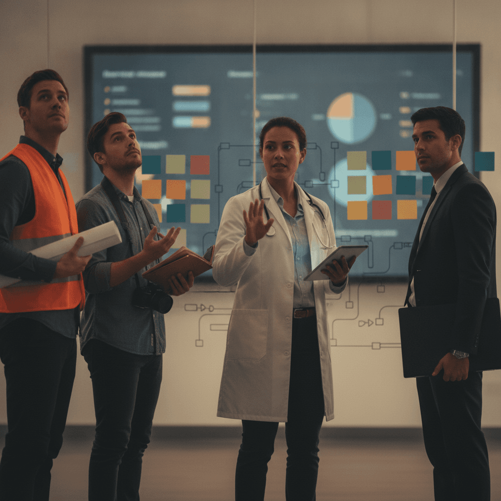 Líder especialista em pé orientando equipe diversa diante de um quadro-kanban, mantendo símbolos da sua profissão.