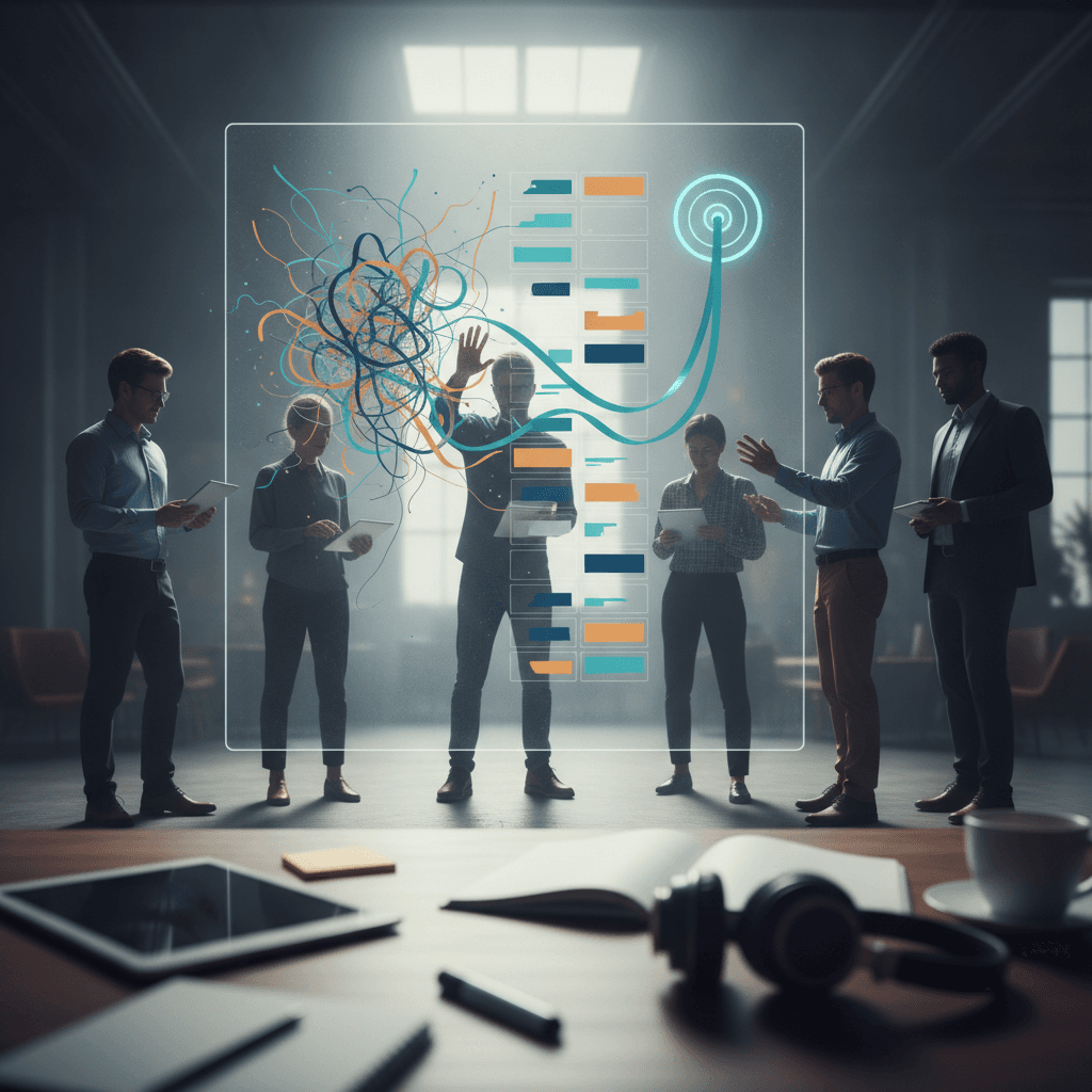 Equipe de marketing alinhando fitas coloridas em um painel holográfico, transformando ruído em uma meta única.