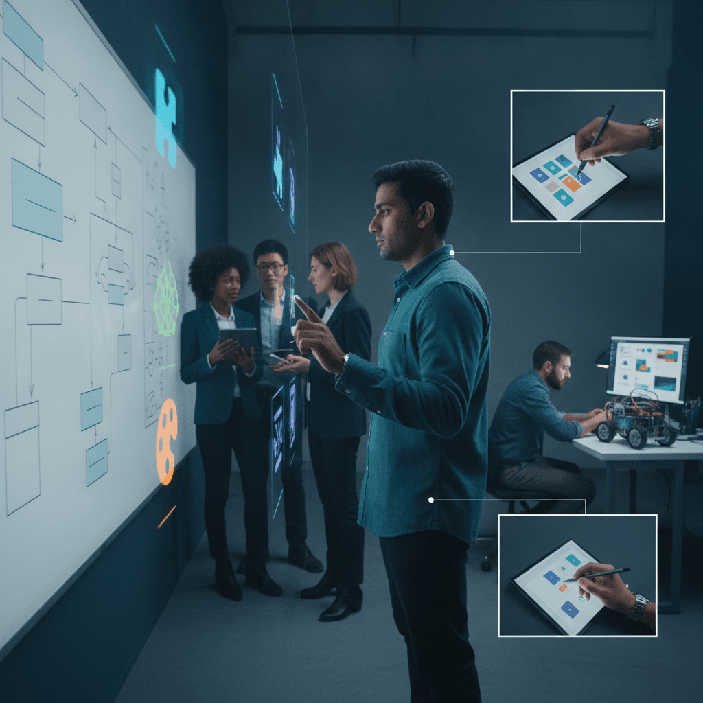 Equipe diversa em um laboratório de tecnologia, pessoas interagindo com painéis e protótipos que representam diferentes formas de pensar.