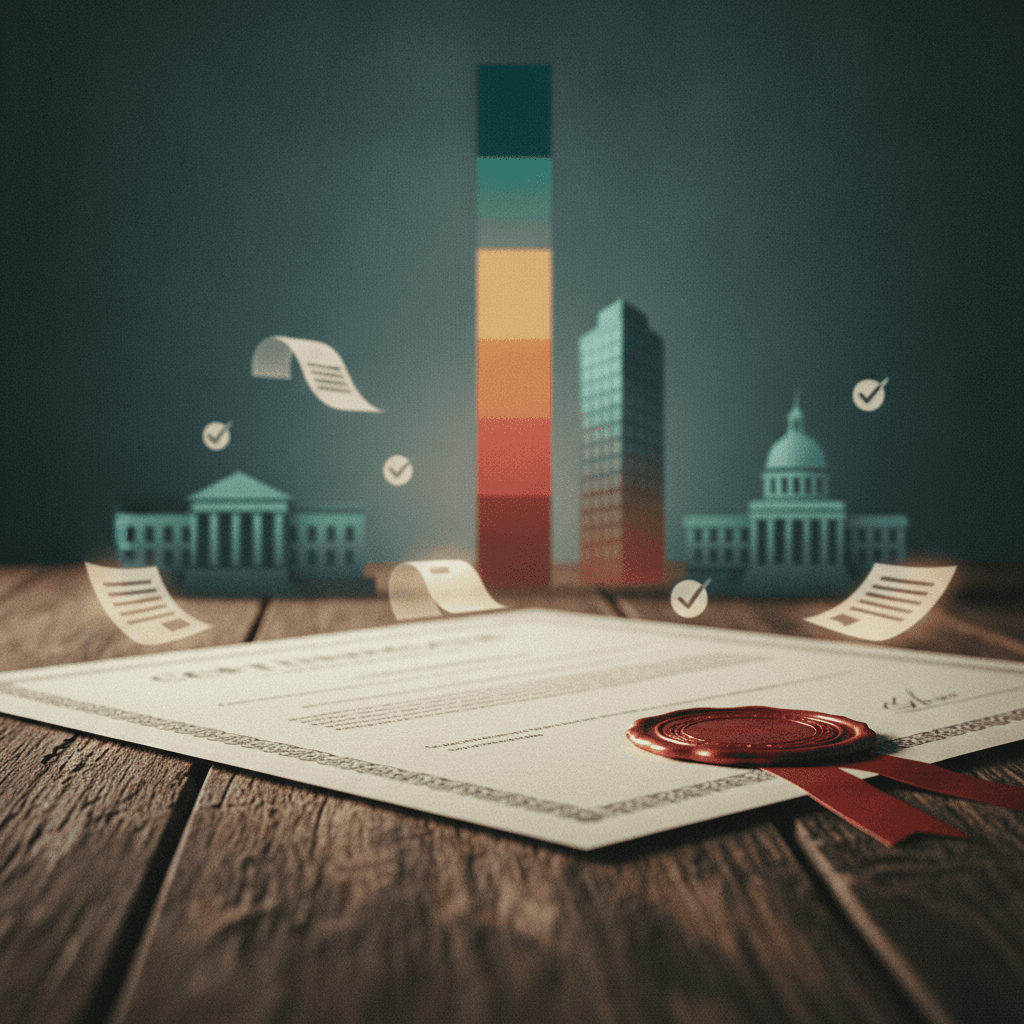 Ilustração editorial de certificado do Encceja em close, com selo e escala de notas desfocada e ícones de universidade, trabalho e órgão público ao fundo.