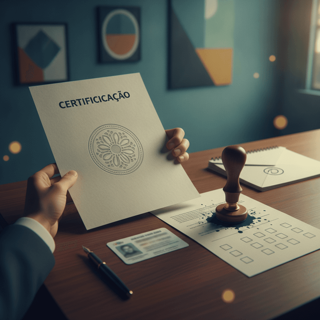 Mãos entregando dossiê de certificação com certificado, carimbo, checklist e calendário sem números em balcão de atendimento.