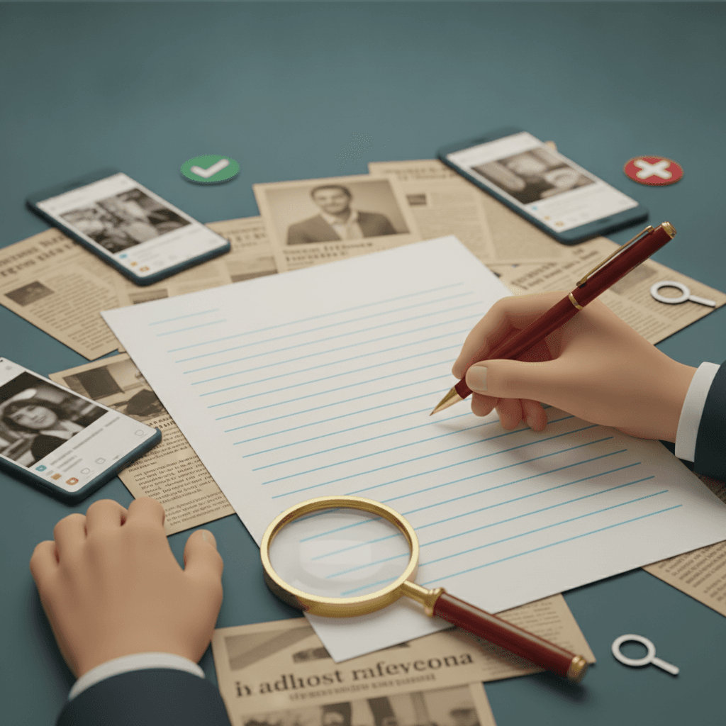 Close-up editorial ilustrado de mãos revisando uma redação em folha em branco, com lupa sobre recortes de notícias e ícones de checagem.