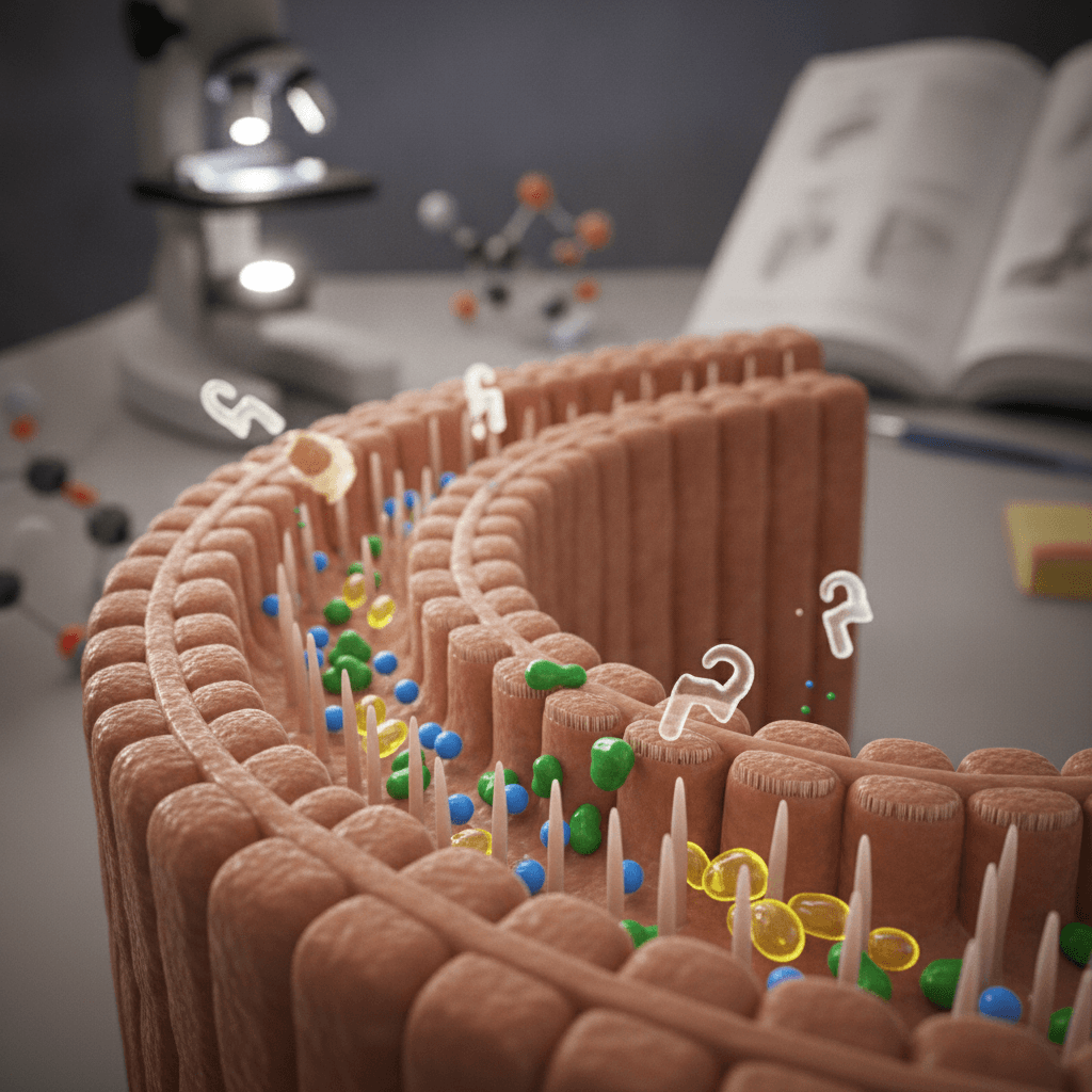 Ilustração editorial do intestino delgado em corte com vilosidades, partículas de nutrientes sendo absorvidas e um microscópio ao fundo.