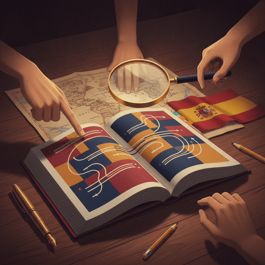 Ilustração editorial: livro de gramática em espanhol aberto, mapa de Espanha/América Latina e mãos fazendo gestos de comando.