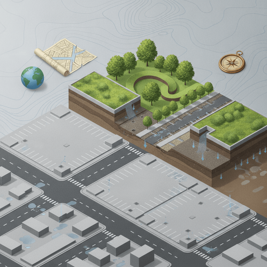 Ilustração isométrica mostrando cidade impermeável vs áreas permeáveis: telhados, ruas e bueiros com escoamento, e parques e solos que absorvem água.