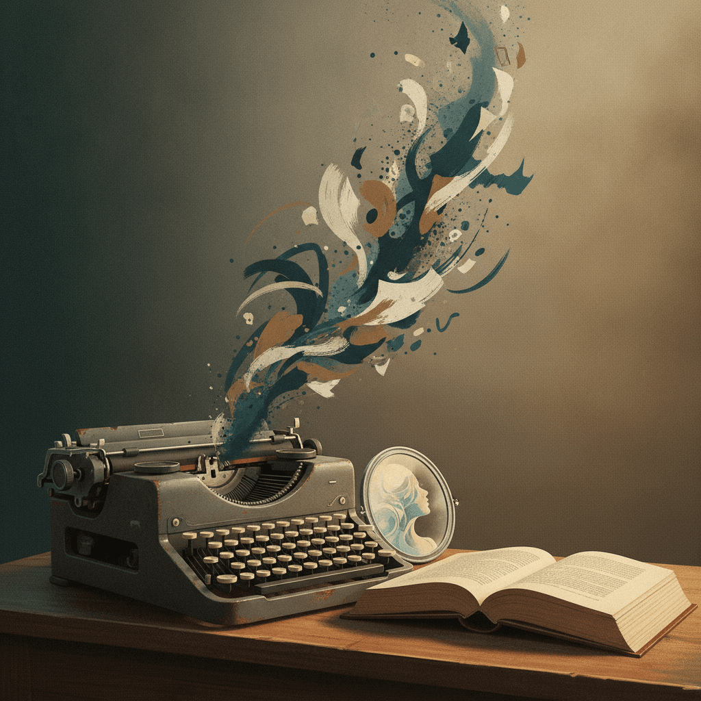 Máquina de escrever vintage e livro com páginas que viram formas abstratas; espelho reflete perfil fragmentado — visual simbólico de introspecção e estranhamento.