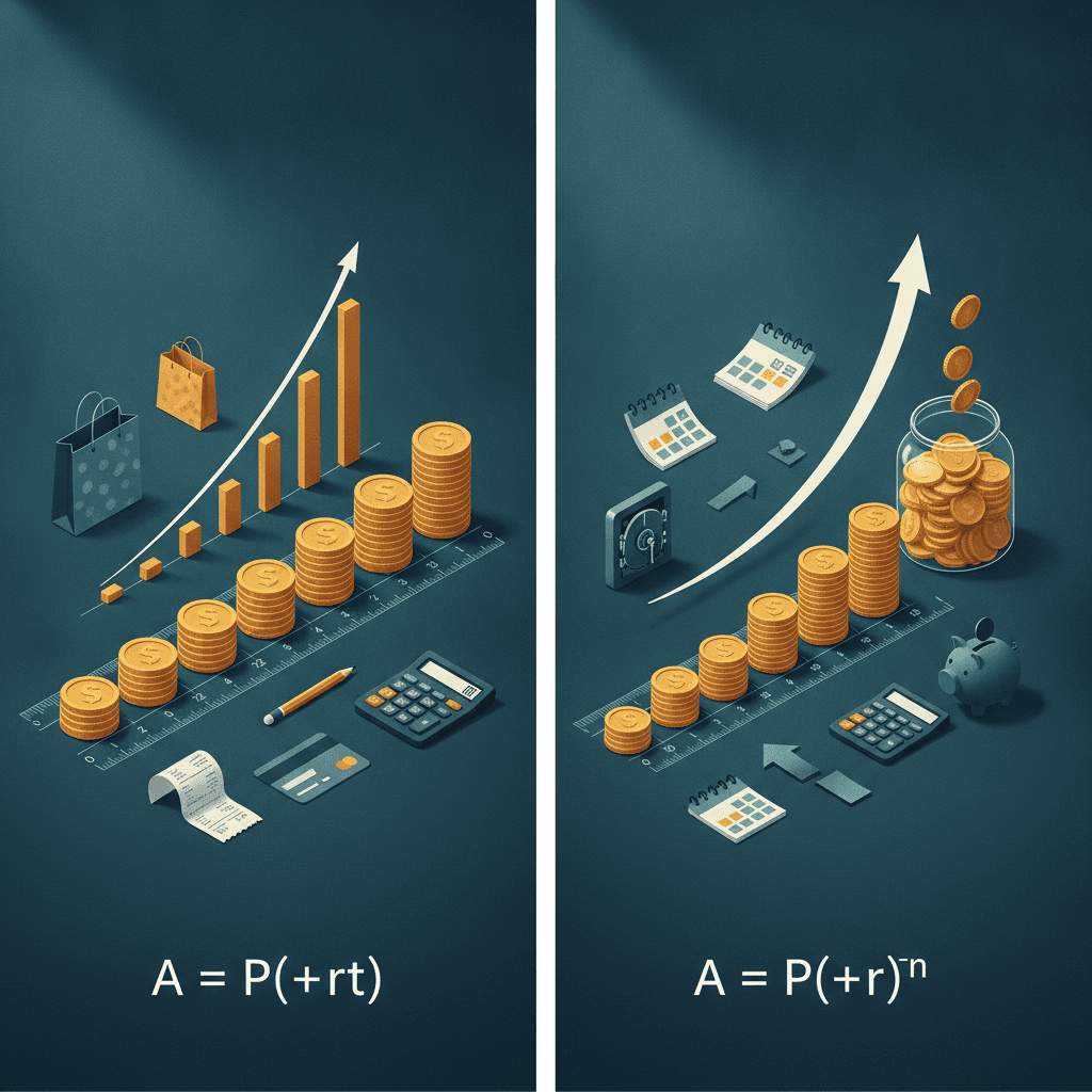 Ilustração editorial comparando juros simples (A=P(1+rt), linha reta) e compostos (A=P(1+r)^n, curva exponencial) com pilhas de moedas, gráfico, calculadora e elementos de compras e investimentos.