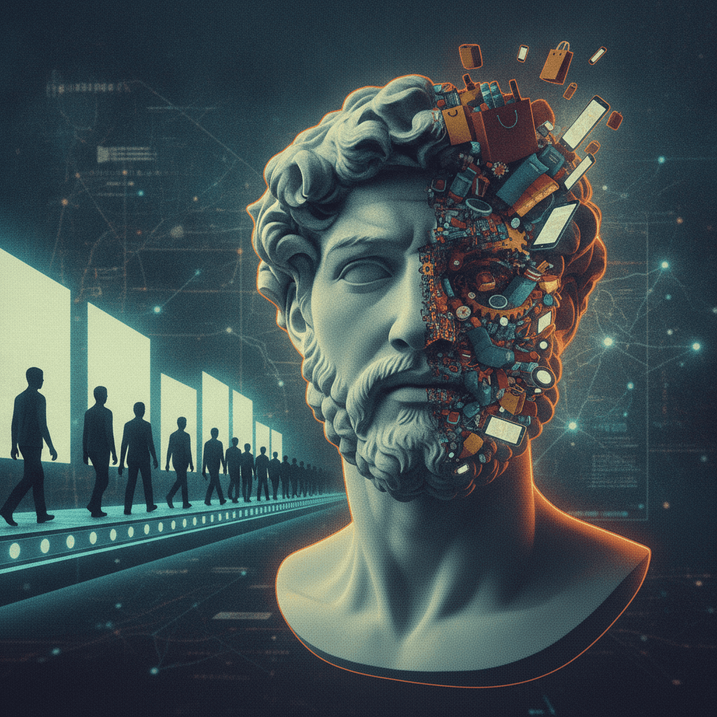 Ilustração editorial: busto filosófico se fundindo com objetos de consumo e circuitos, silhuetas idênticas em esteira representando padronização de desejos.