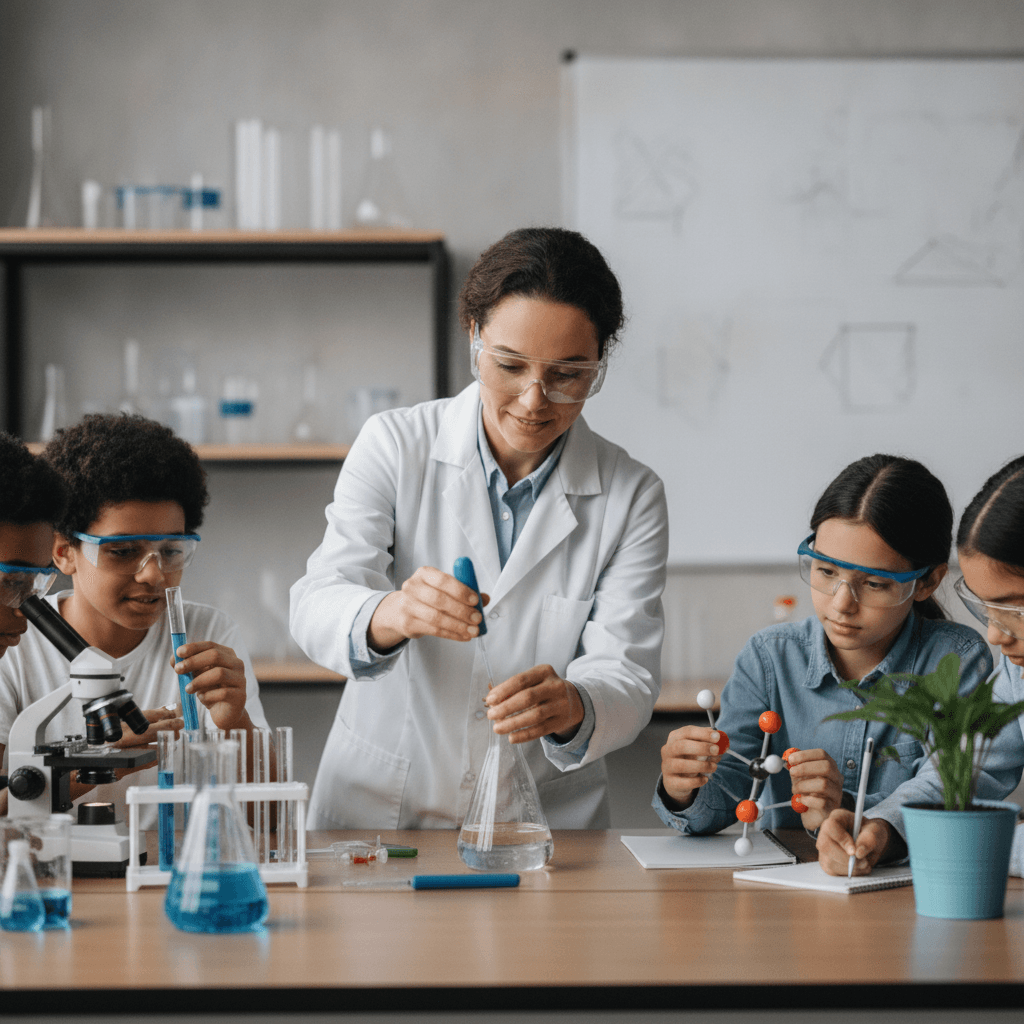 Professor de Ciências em sala prática orientando alunos em experimento com microscópio e vidrarias.