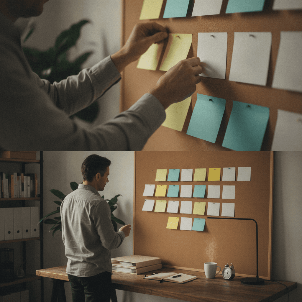 Pessoa organizando rotina de candidatura: quadro com post-its coloridos em branco, fichas, planner aberto e café.