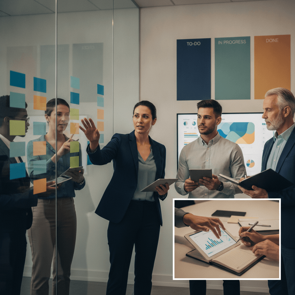 Líder orientando equipe multigeracional em escritório moderno, com quadro Kanban, tablet e planner, interação dinâmica.