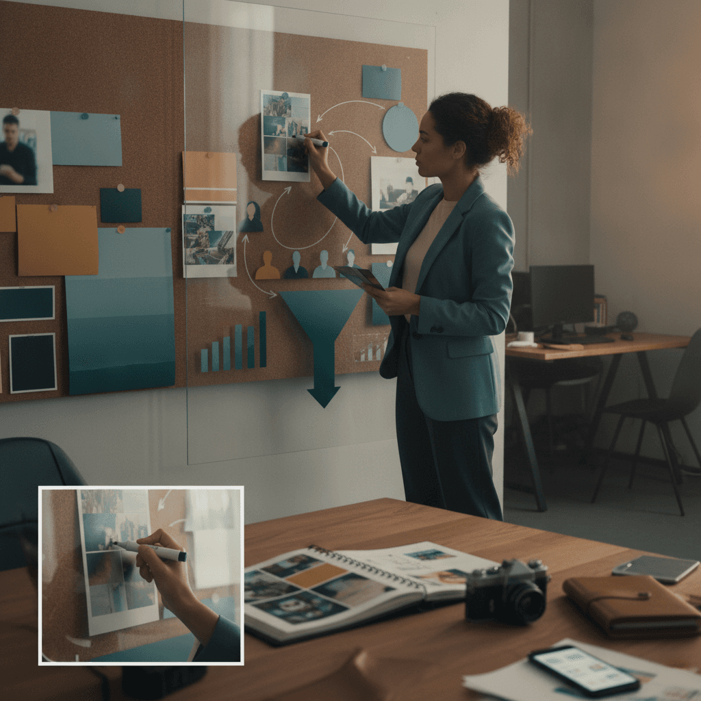 Profissional de marketing montando um portfólio estratégico em estúdio, com moodboards, mockups e conexões visuais, sem textos.