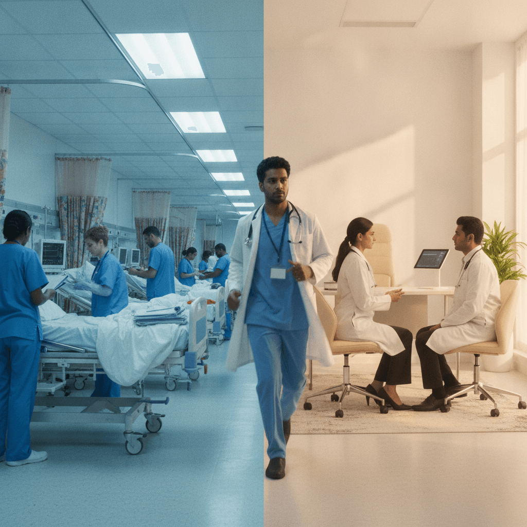 Profissionais de saúde trabalhando entre um hospital público movimentado à esquerda e uma clínica privada moderna e tranquila à direita.