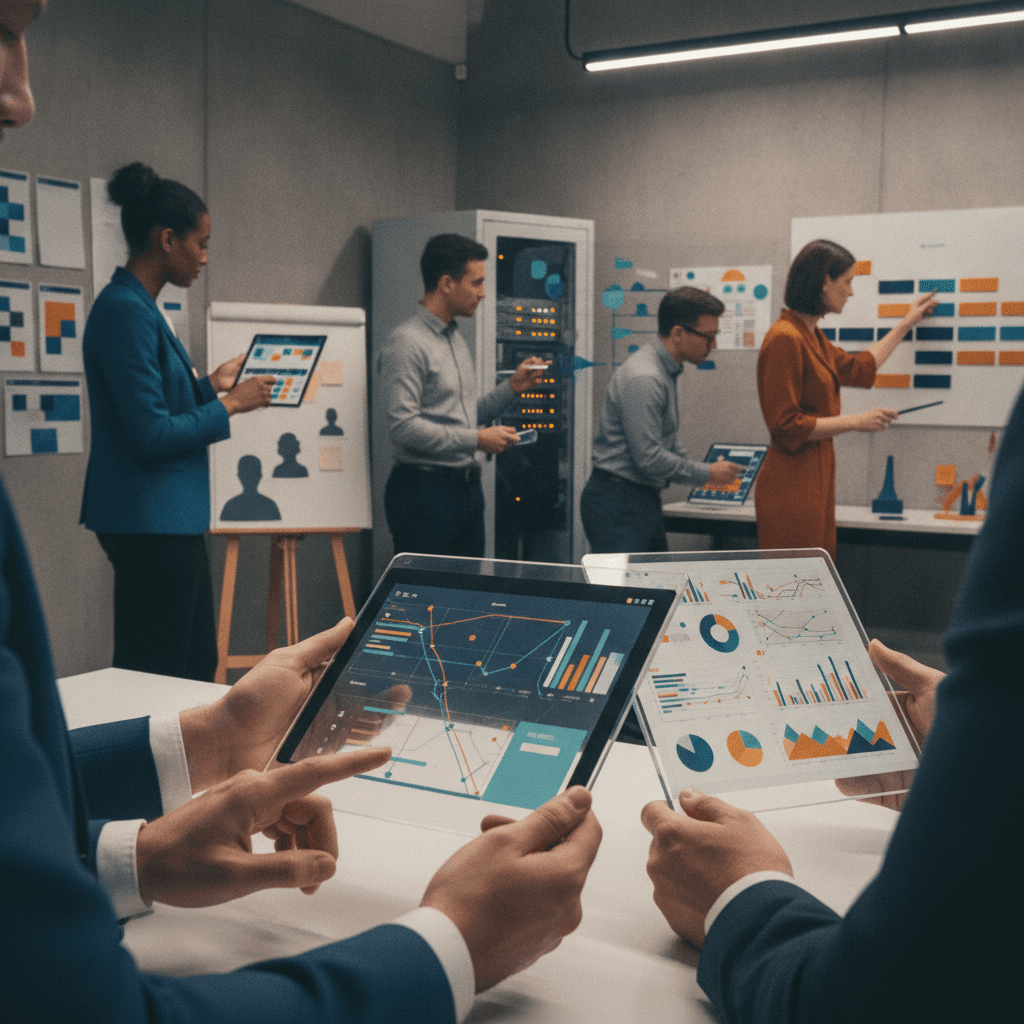 Equipe diversa em um hub de tecnologia, cada pessoa representando front‑end, back‑end, dados, produto e UX com objetos simbólicos, sem textos.
