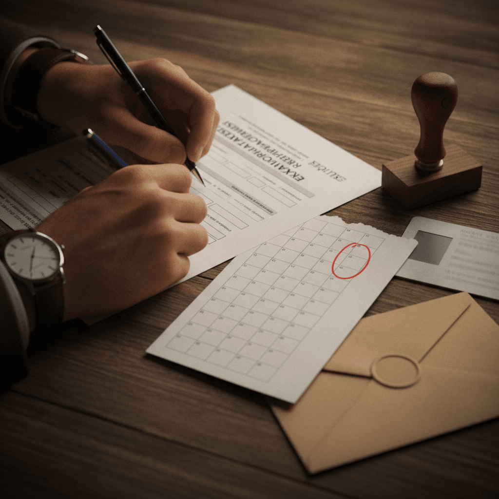 Mãos preenchendo formulário de reaplicação do Encceja sobre mesa com calendário circulado, carimbo e documento, simbolizando prazo e procedimento.