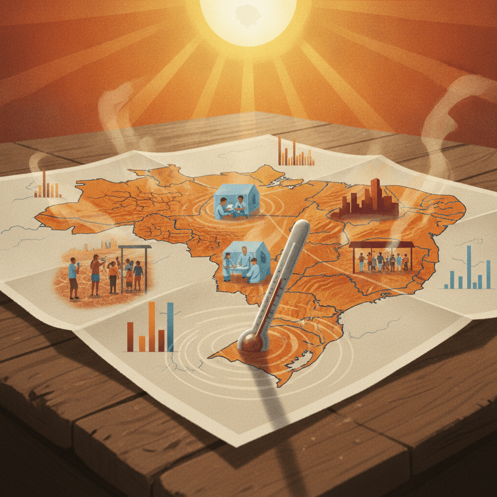 Ilustração do mapa do Brasil com ondas de calor, termômetro, áreas secas e profissionais de saúde atendendo pacientes, mostrando impacto do calor extremo na saúde pública.