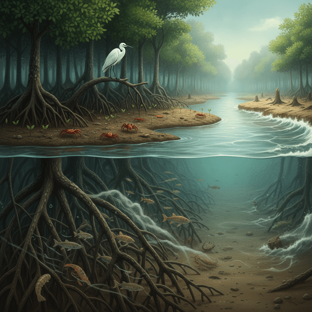 Ilustração editorial em corte mostrando manguezal protegendo a costa, com raízes, peixes juvenis, aves e contraste entre área saudável e degradada.