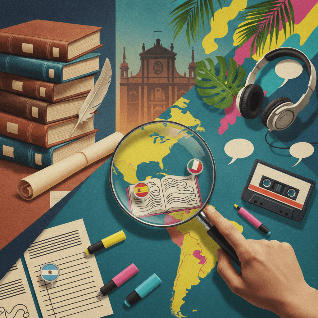 Ilustração editorial mostrando livros e mapa da Espanha e América Latina com lupa destacando diferenças entre registro formal e informal do espanhol.