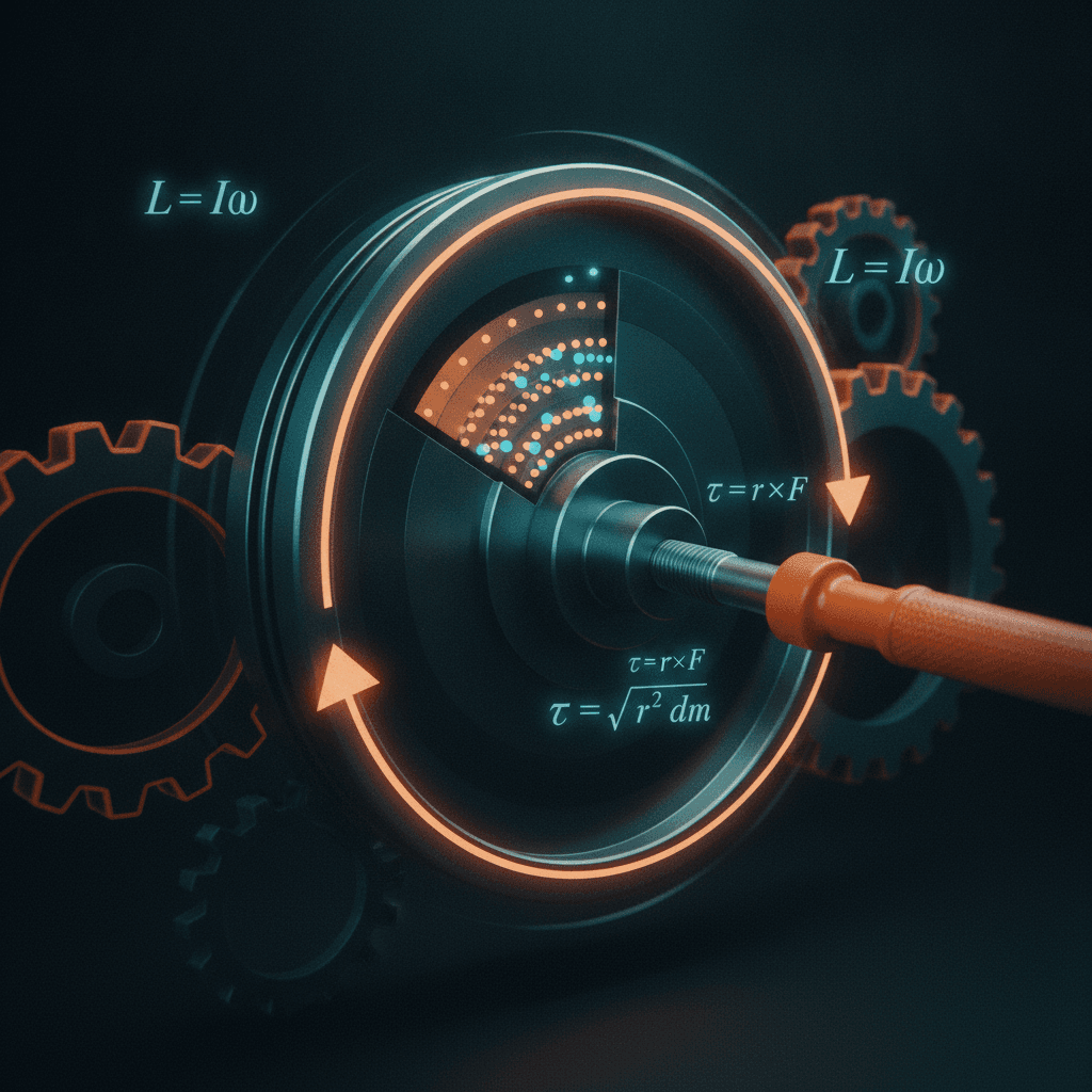 Ilustração editorial de um volante girando com uma chave de torque, setas mostrando forças e fórmulas de torque e momento de inércia.