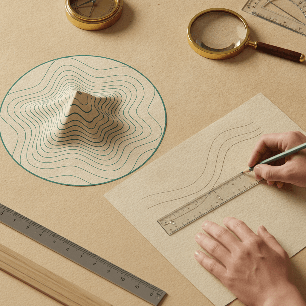 Mapa topográfico com curvas de nível e mãos desenhando o perfil do relevo, com bússola, régua e maquete de terreno.