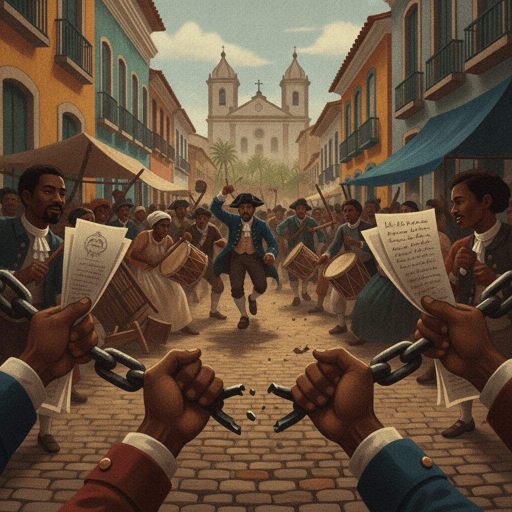 Ilustração editorial da Conjuração Baiana: multidão popular em rua colonial de Salvador, mãos segurando correntes quebradas e panfletos, atmosfera dramática e urbana.