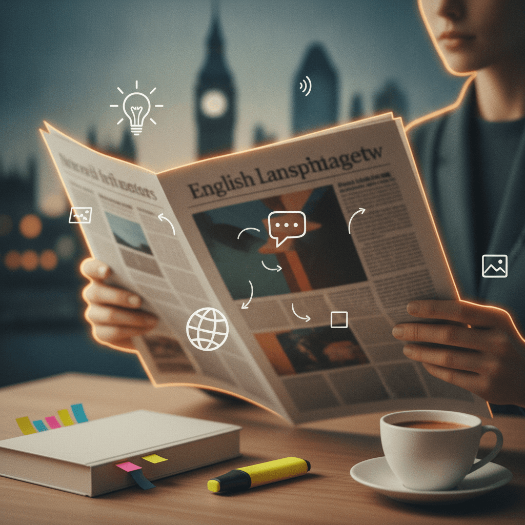 Mãos segurando jornal em inglês com ícones que simbolizam compreensão direta sem tradução.