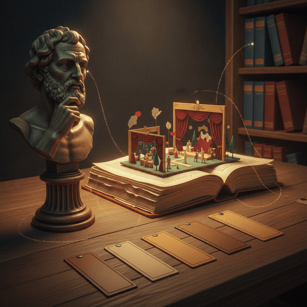 Ilustração editorial: busto de autor, livro aberto com cena emergente e prateleira de obras que representam um movimento, com cinco marcadores em degraus.