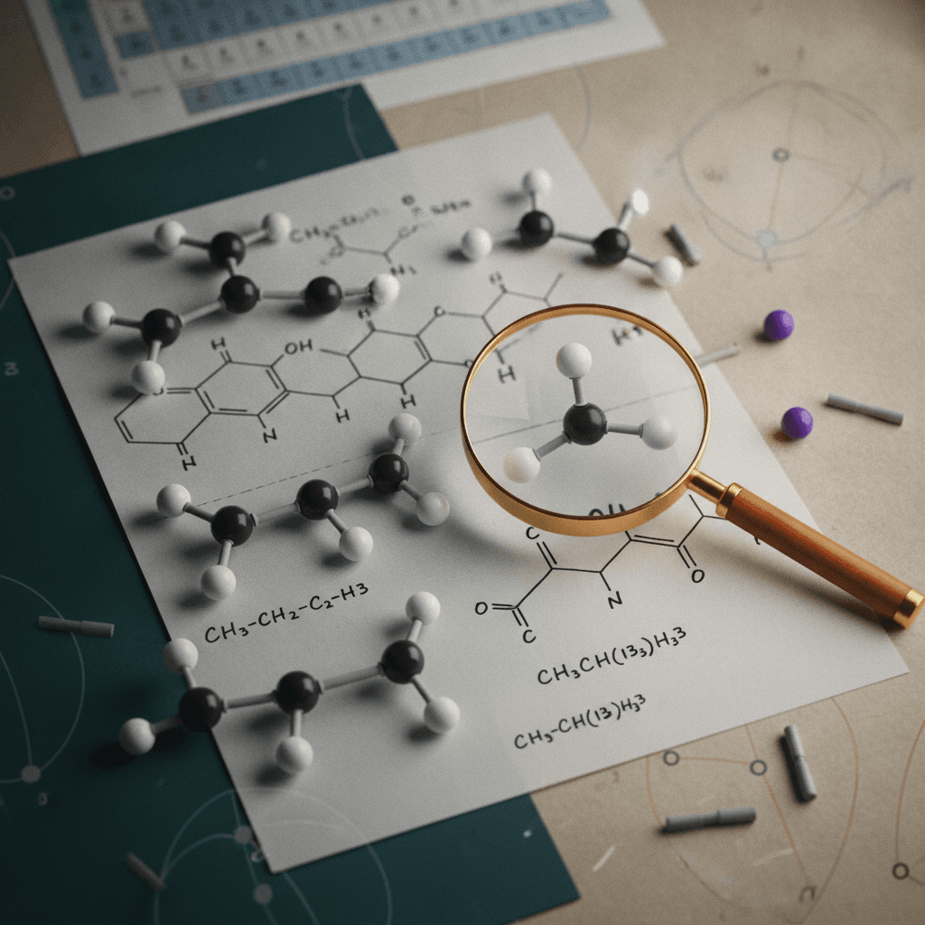Ilustração editorial com modelos moleculares, fórmulas estruturais e lupa destacando cadeias carbônicas lineares, ramificadas e cíclicas.