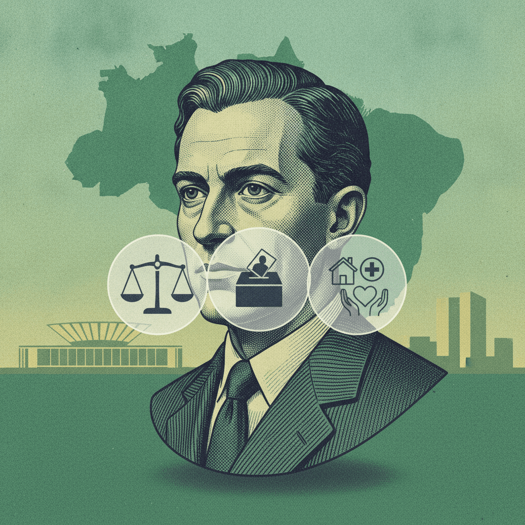 Ilustração editorial: busto estilizado representando T. H. Marshall com ícones dos direitos civil, político e social e mapa do Brasil ao fundo.