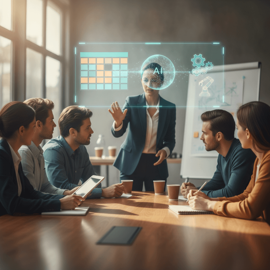 Profissionais em oficina prática no escritório vendo projeção holográfica com planilha estilizada, esfera de IA e engrenagens de automação.