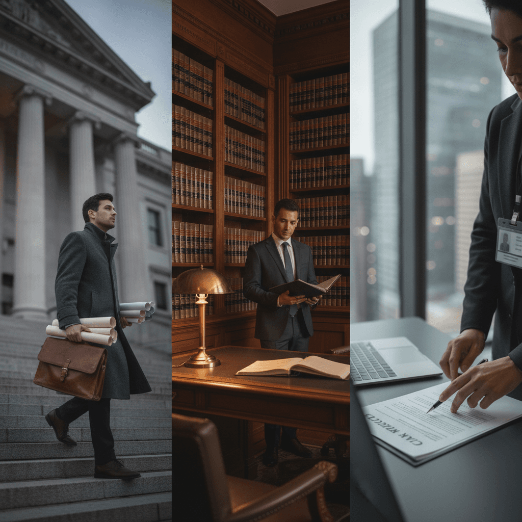 Imagem editorial em triptych mostrando advogado autônomo na saída do tribunal, sócio em biblioteca jurídica e advogado in-house revisando contrato no escritório.