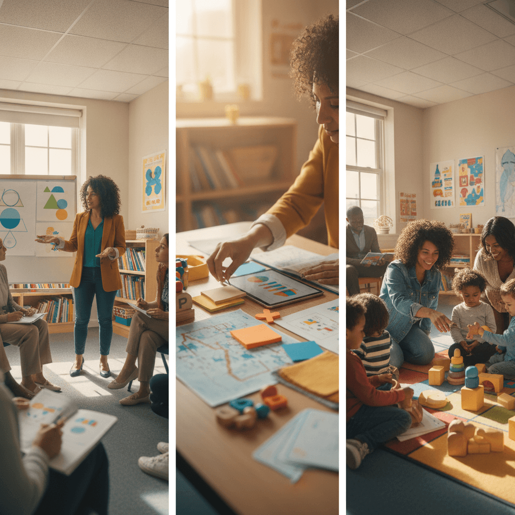 Pedagogo em três cenas integradas: formando professores, organizando materiais pedagógicos e acompanhando crianças em centro comunitário.
