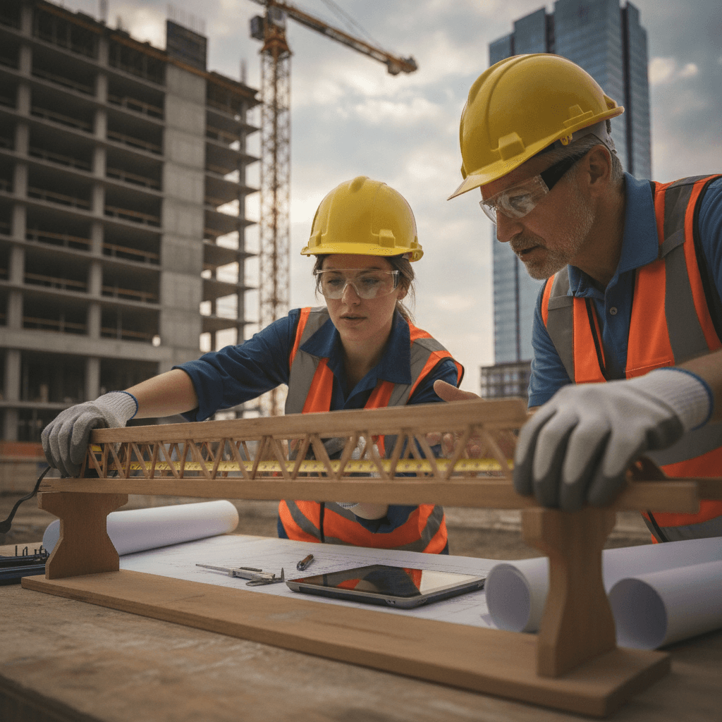 Estagiário de engenharia medindo maquete com engenheiro sênior e canteiro de obras ao fundo, simbolizando evolução profissional.