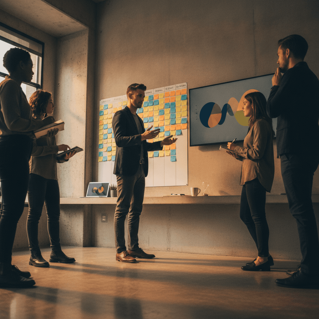 Gestor conduz stand-up em equipe enxuta diante de quadro Kanban com post-its, mostrando rotina, ferramentas e desenvolvimento do time.