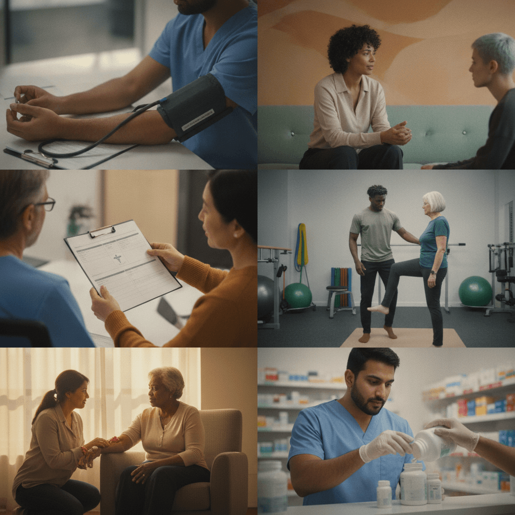 Montagem editorial de profissionais da saúde (agente comunitário, enfermeira, médico, fisioterapeuta, farmacêutico, psicólogo) trabalhando em ambientes reais, conectados em uma rede de cuidado.