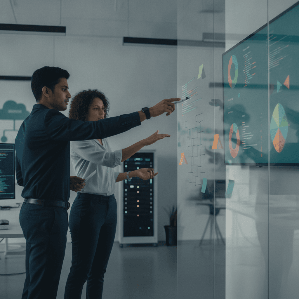 Equipe de tecnologia colaborando diante de tela com gráficos, código abstrato e quadro de produto.