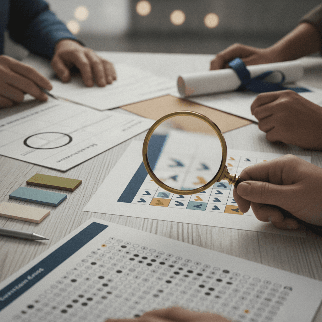 Mãos manipulando folha de prova, gabarito abstrato, lupa, calendário e certificado sobre mesa.