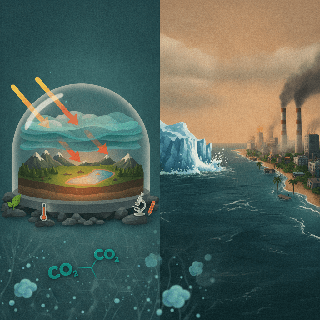 Ilustração educativa dividida: à esquerda o efeito estufa (camada atmosférica e moléculas retendo calor), à direita impactos do aquecimento global (geleiras derretendo, enchentes, emissões industriais).