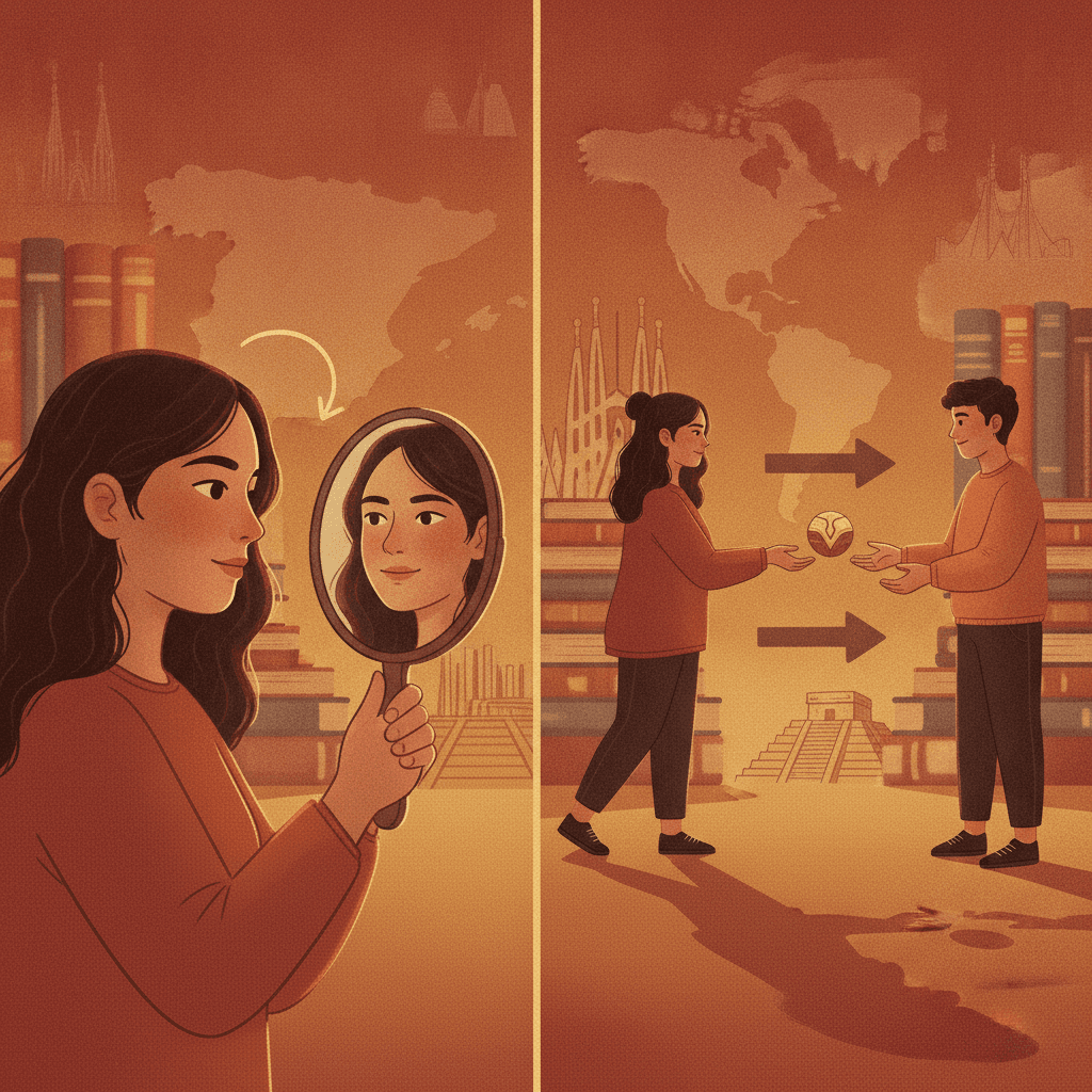 Ilustração editorial dividida: à esquerda pessoa olhando no espelho (reflexivo) com seta retornando; à direita duas pessoas trocando gesto (recíproco), com livros em espanhol e mapa da Espanha ao fundo.