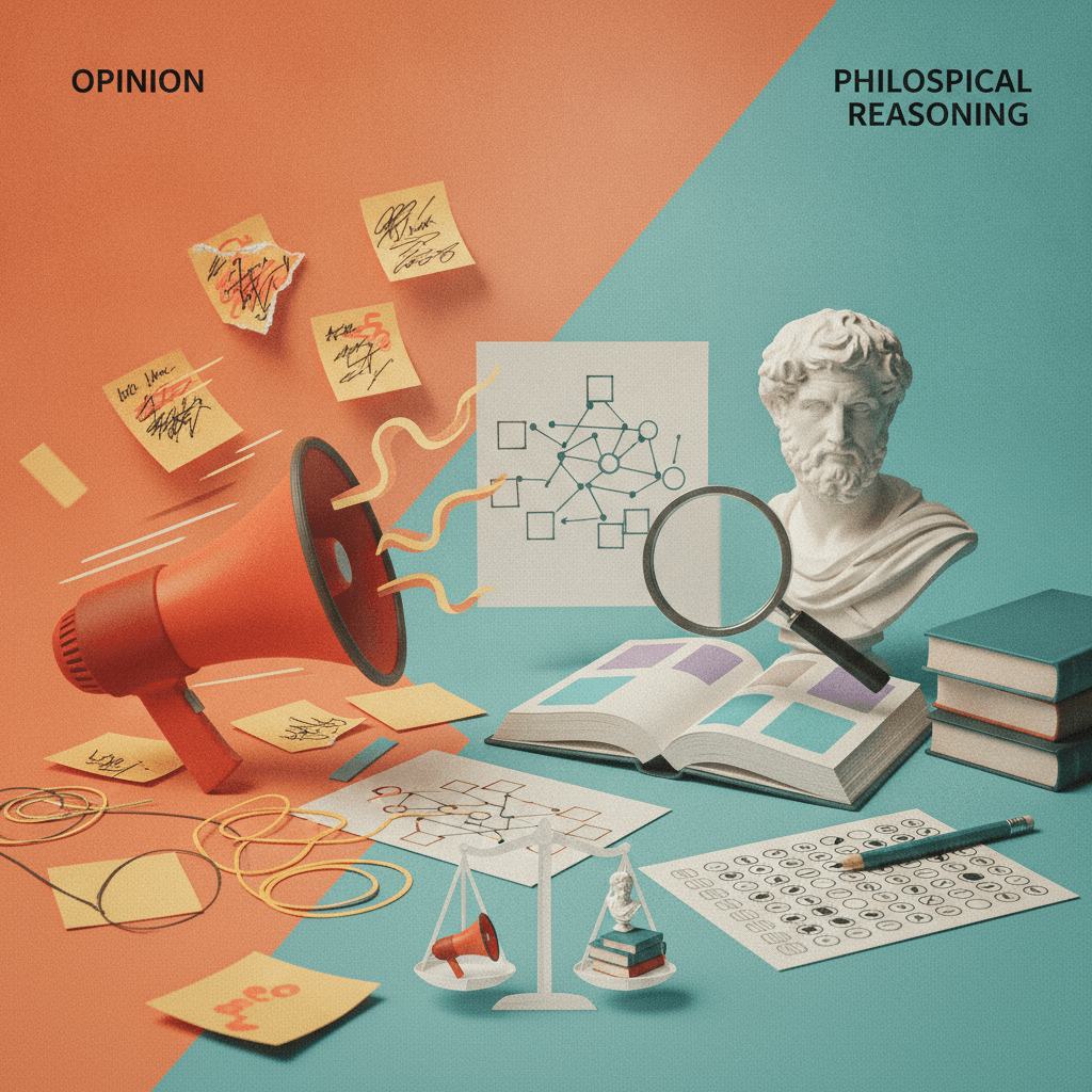 Capa editorial dividida: à esquerda opinião caótica (megafone, post‑its); à direita filosofia organizada (busto clássico, livro, lupa e folha de questões sem texto).