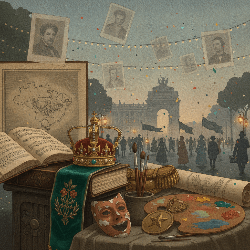 Ilustração editorial com coroa imperial, livros, máscara teatral e um cortejo festivo do Brasil Império, simbolizando símbolos, artes e festas cívicas.