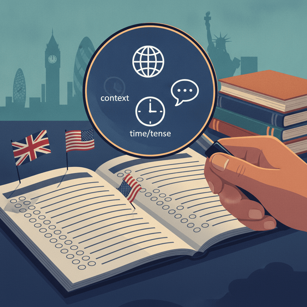 Mão com lupa sobre prova em inglês desfocada, pictogramas de contexto visíveis, bandeiras do Reino Unido e EUA e silhuetas de Londres/NY ao fundo.