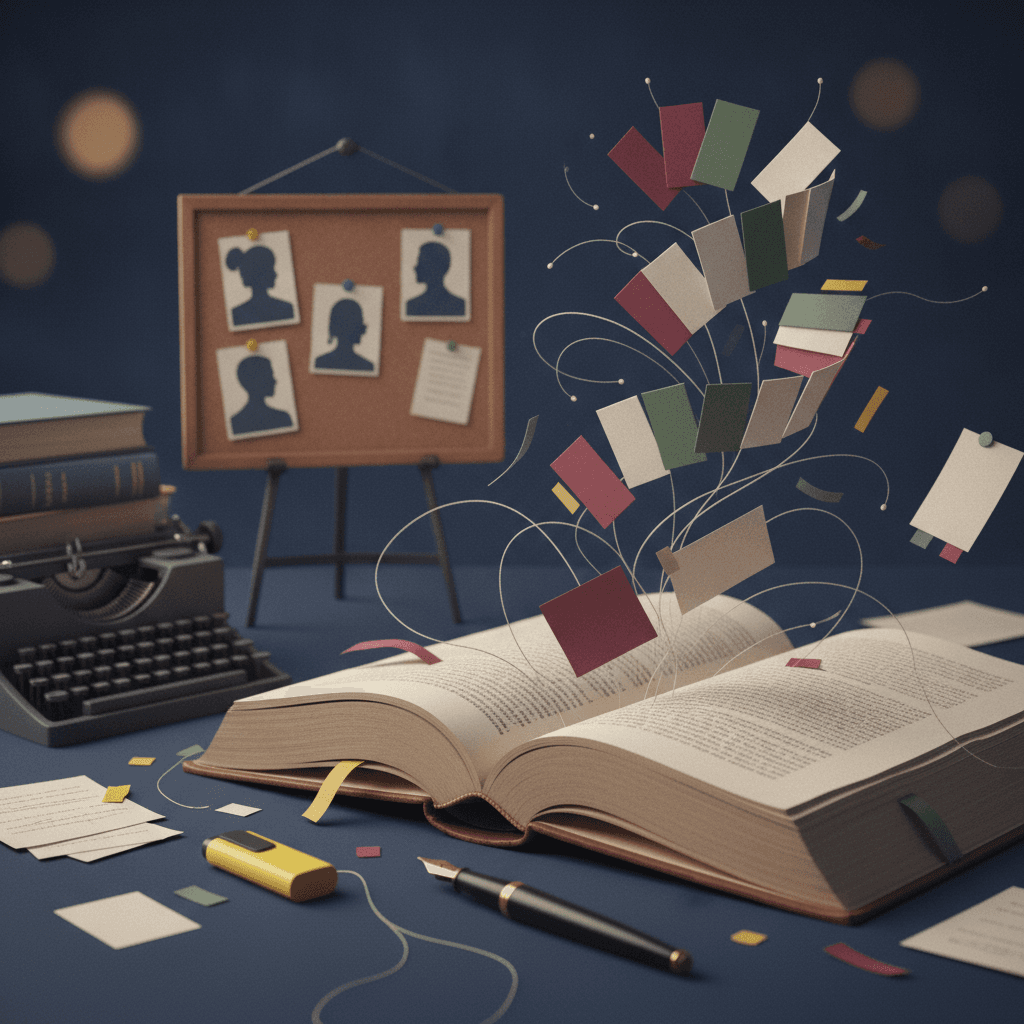 Livro aberto cujas páginas se transformam em fichas e retratos de personagens, simbolizando transformar leitura integral em repertório de prova.
