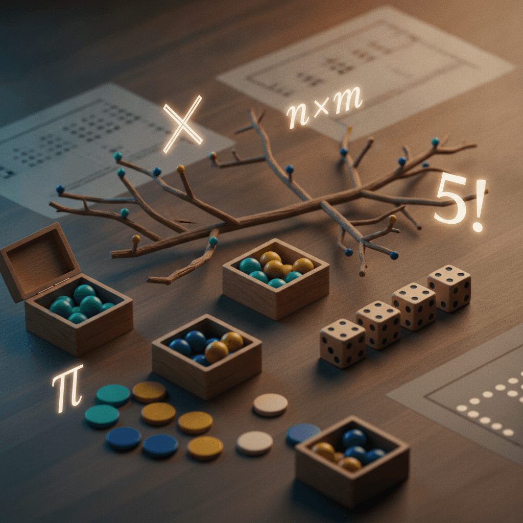 Ilustração editorial com tokens coloridos, árvore de possibilidades e fórmulas matemáticas representando o princípio da contagem.