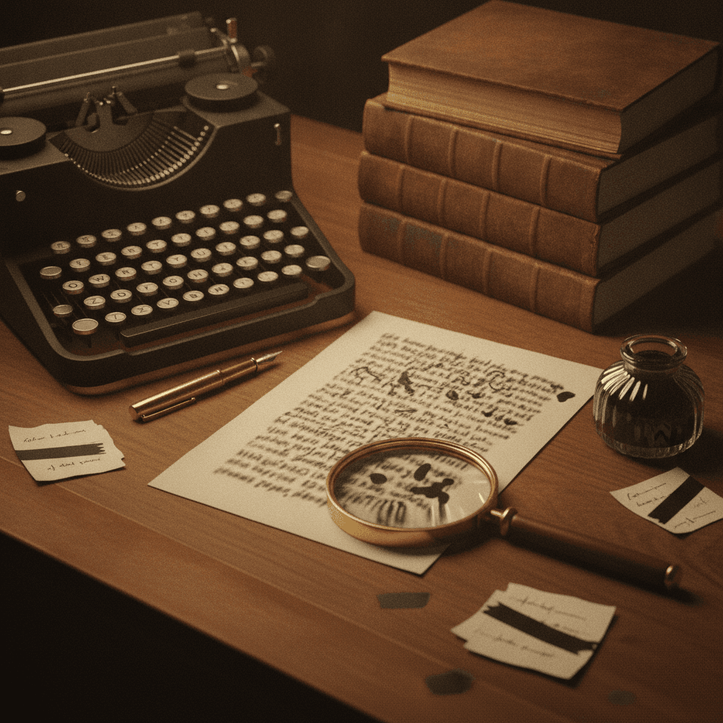 Ilustração editorial de mesa de estudo com máquina de escrever, livros, manuscrito borrado e lupa, simbolizando análise da metalinguagem para o ENEM.